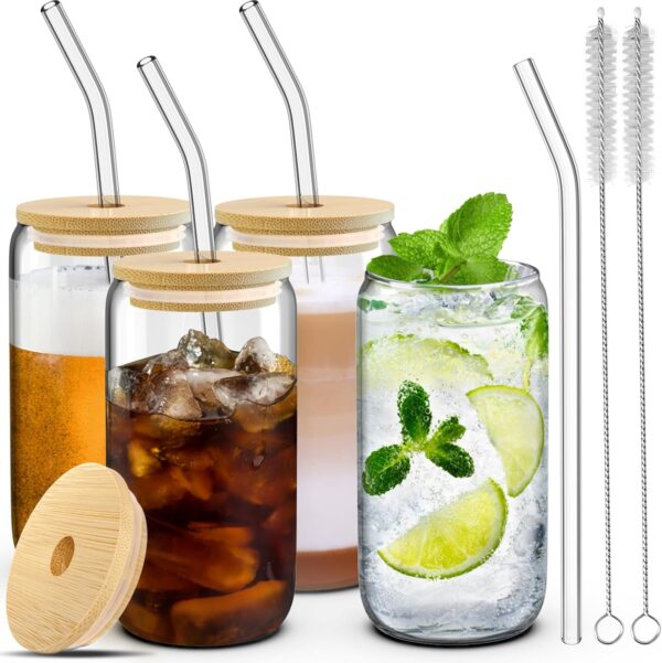 4 Set Glass Cups with Lids and Straws